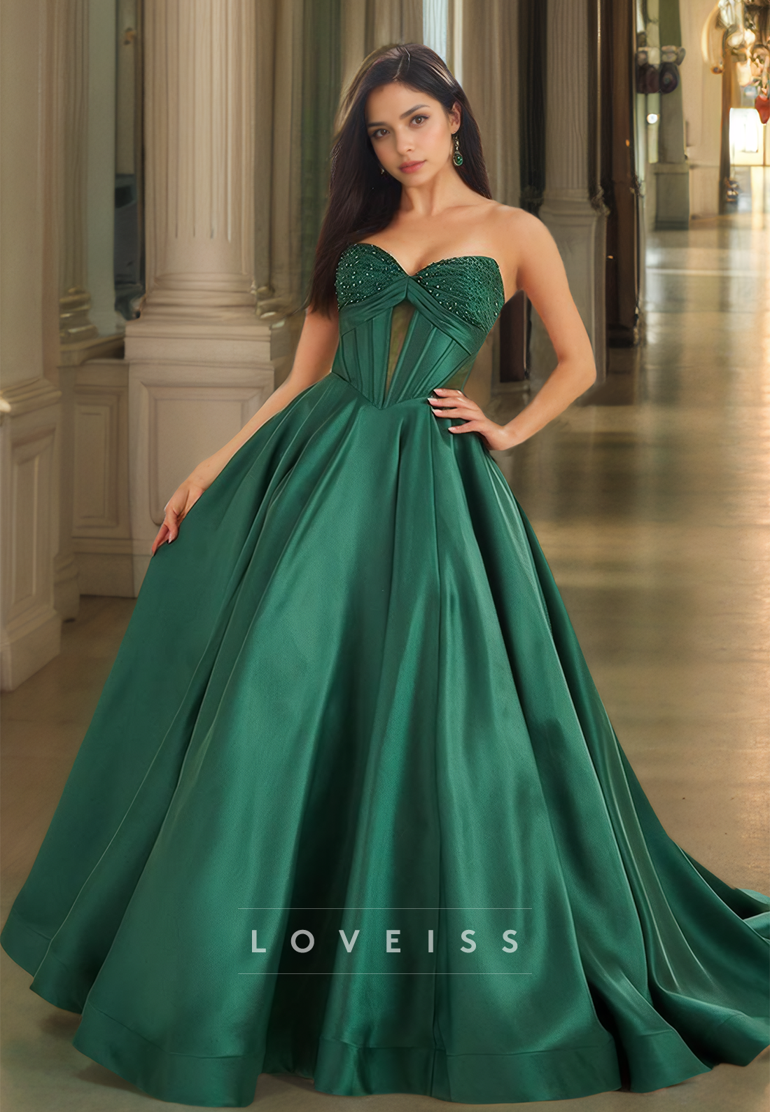 Sweetheart Strapless Beaded Illusion Pleated Satin A-Line Prom Dress