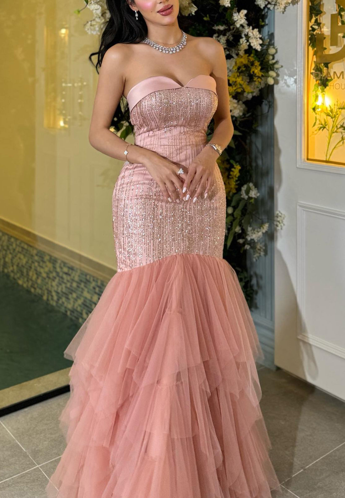 Sweetheart Strapless Beaded Prom Dress Tiered Tulle Mermaid Evening Dress