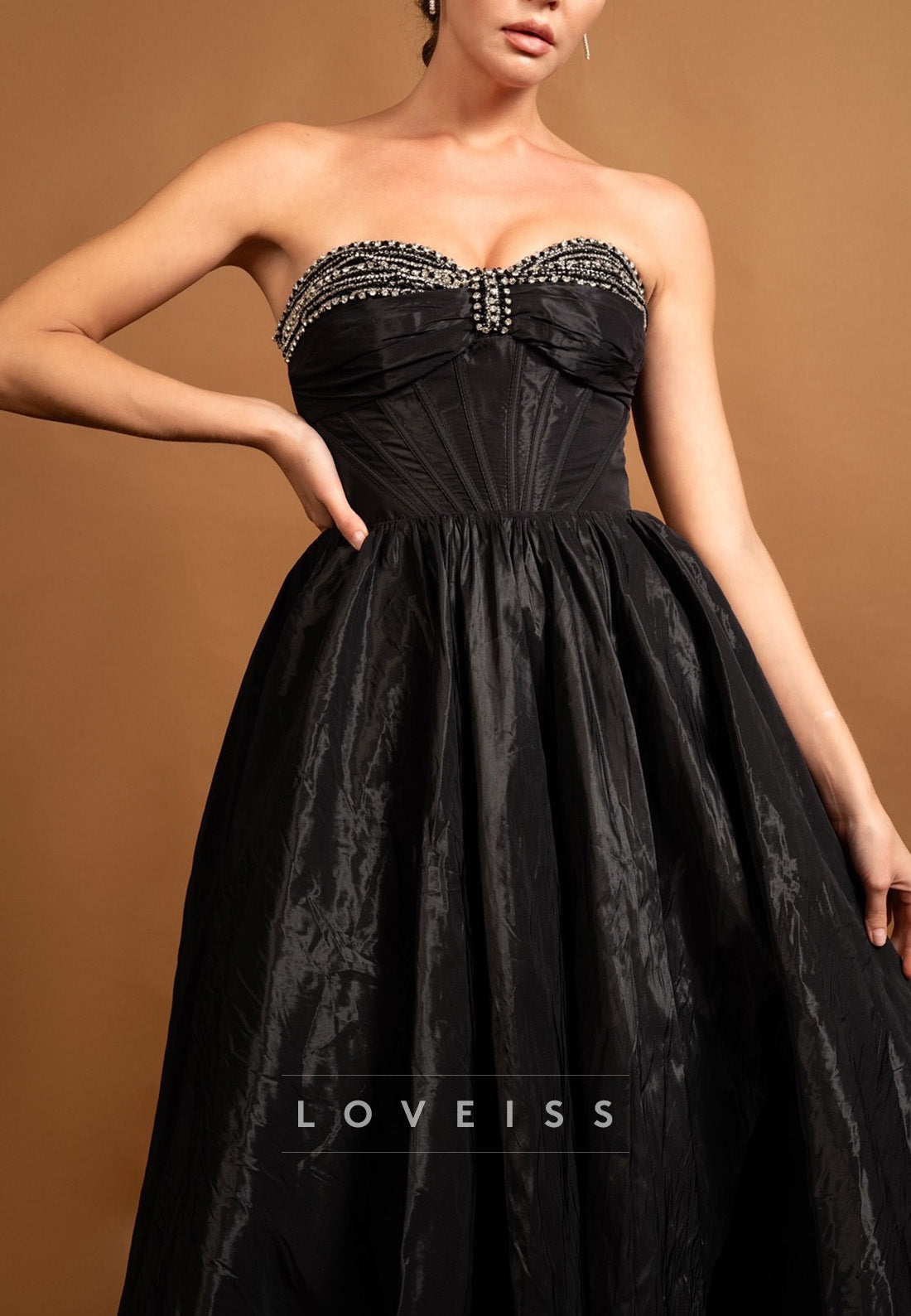 Sweetheart Strapless Beading Pleated A-Line Black Prom Dress