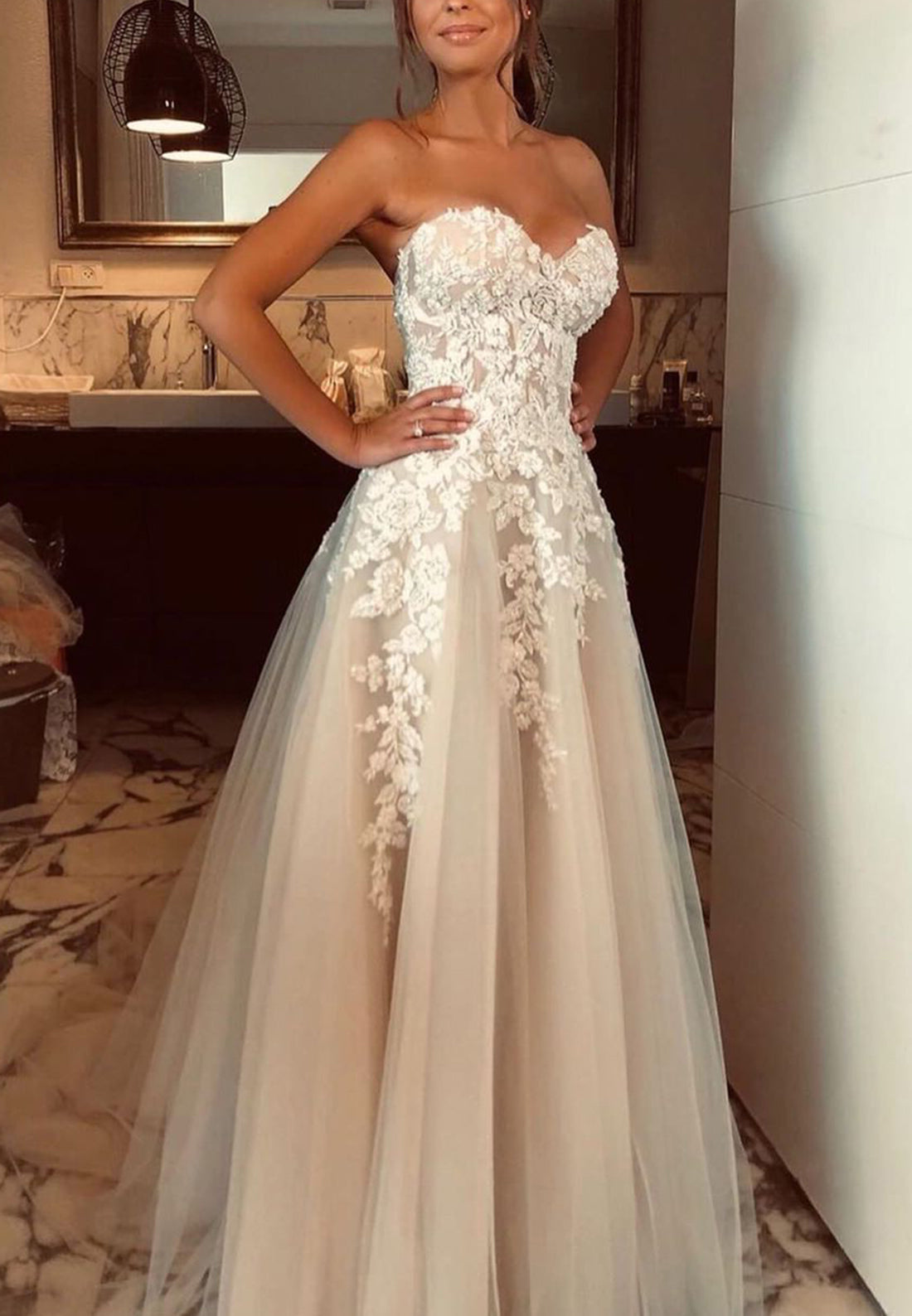 Sweetheart Strapless Floral Appliques A-Line Wedding Dress