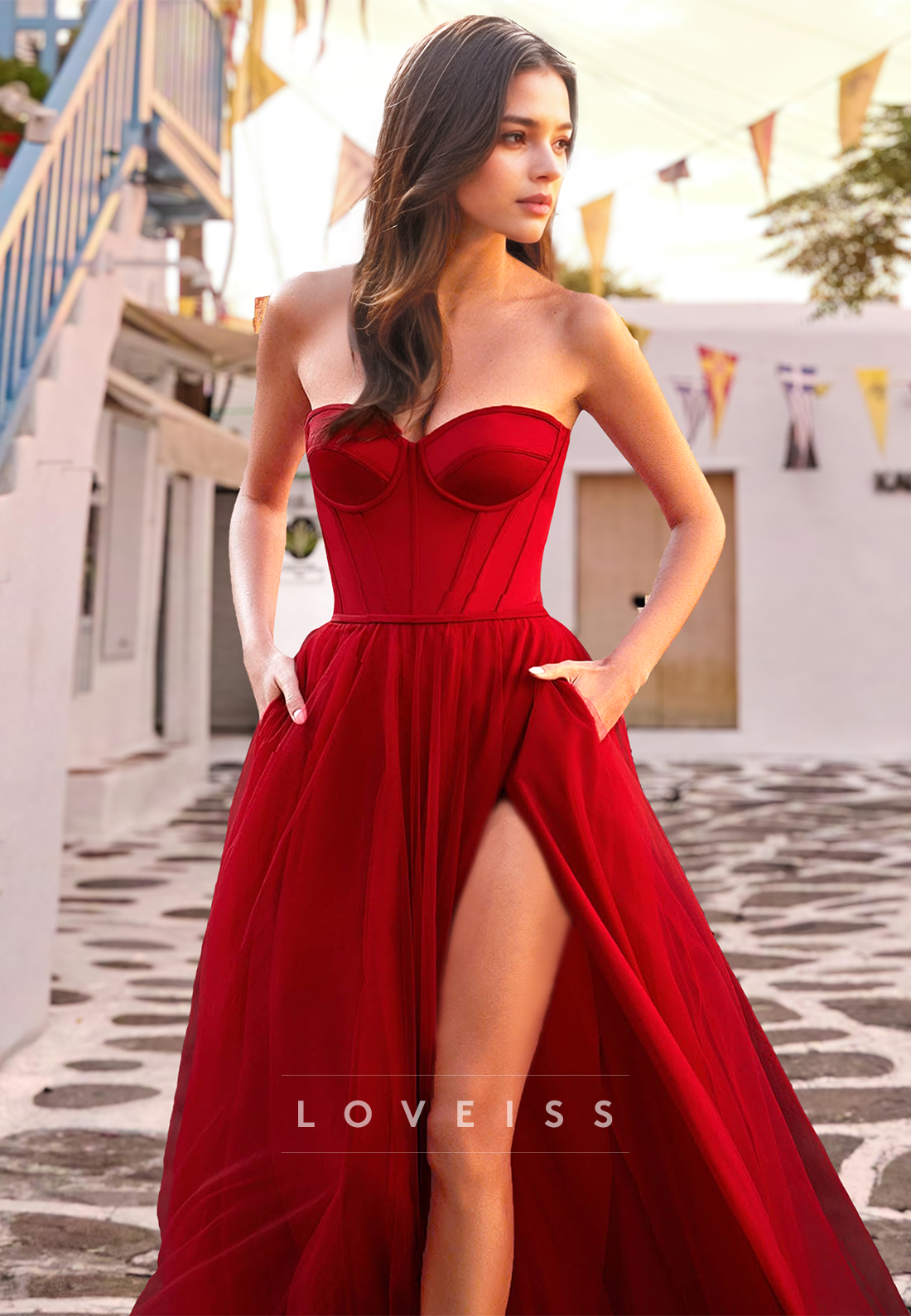 Sweetheart Strapless High Slit Pleated A-Line Prom Dress
