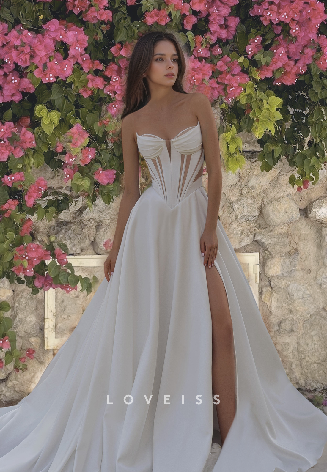 Sweetheart Strapless Illusion Pleated A-Line Satin Wedding Dress