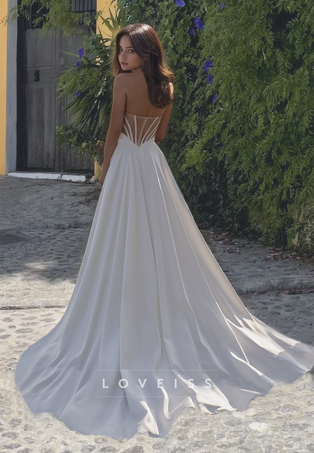 Sweetheart Strapless Illusion Pleated A-Line Satin Wedding Dress