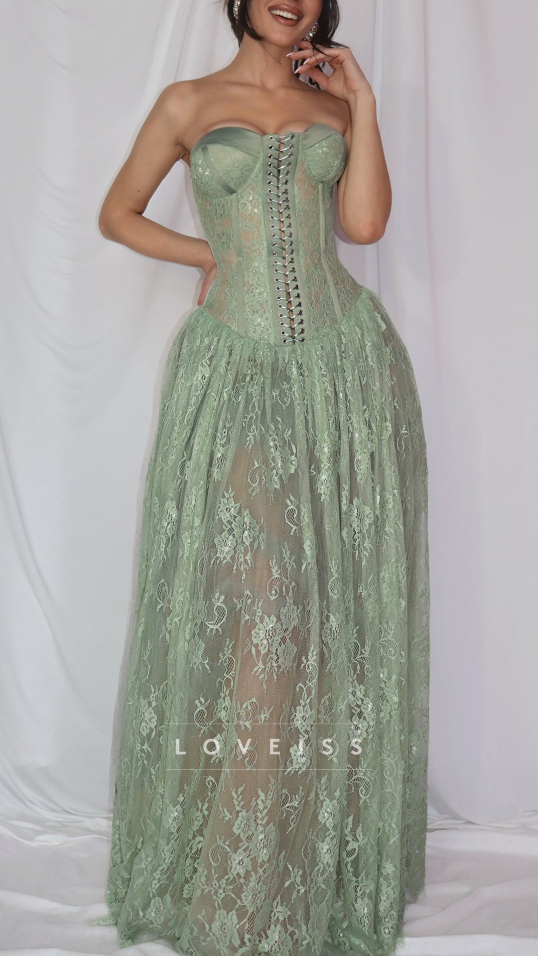 Sweetheart Strapless Lace Appliques Corset A-Line Prom Dress