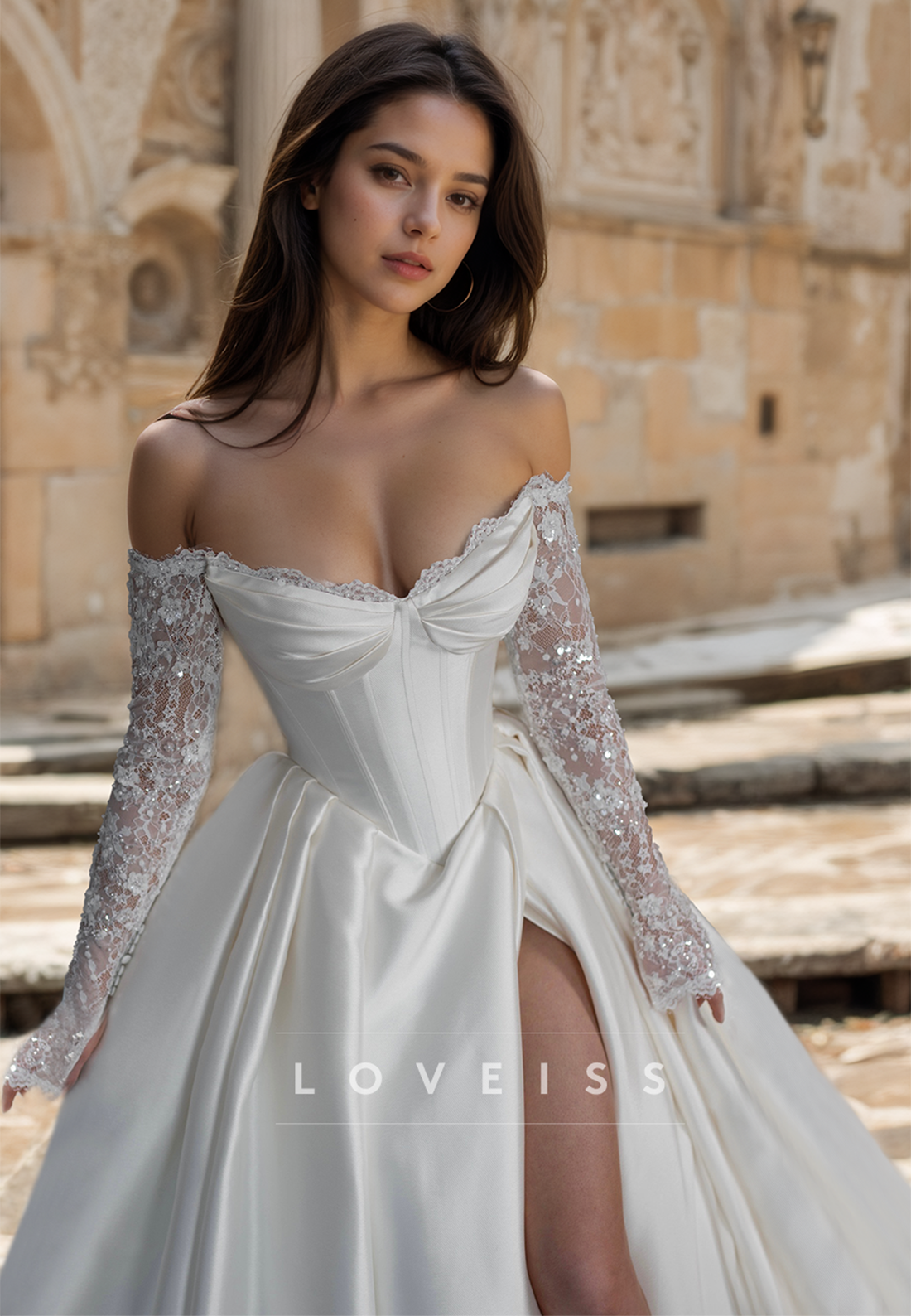 Sweetheart Strapless Lace Appliques Pleated Satin A-Line Wedding Dress