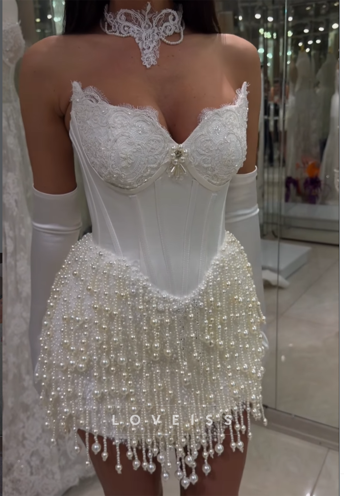 Sweetheart Strapless Pearl Beaded Fringe Sheath Short Wedding Dress