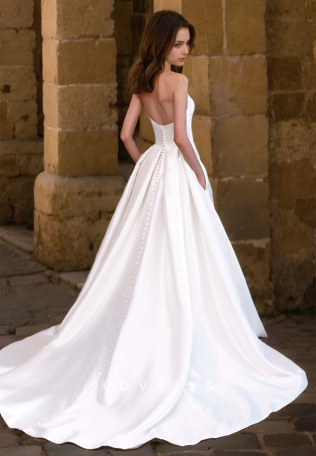 Sweetheart Strapless Ruched Pleated Sleek Satin A-Line Wedding Dress
