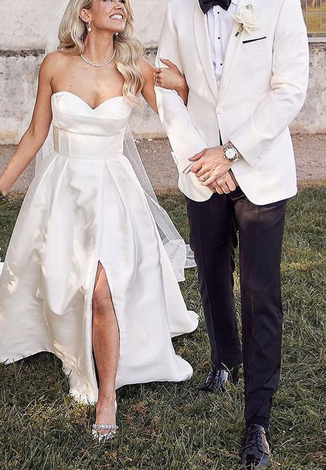 Sweetheart Strapless Sleek Satin Simple A-Line Wedding Dress