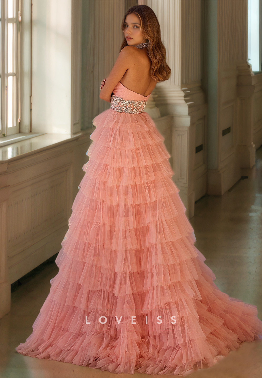 Sweetheart Strapless Tulle Tiered Side Slit Ball Gown Prom Dress