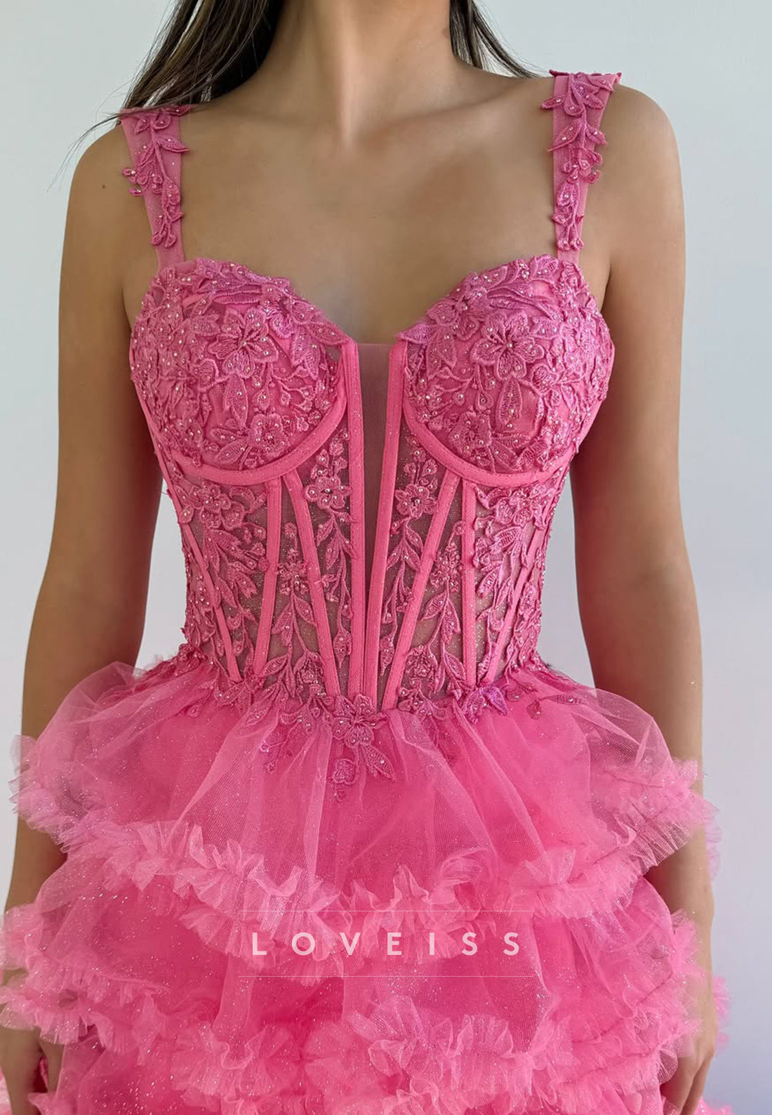 Sweetheart Straps Appliques Tiered Ball Gown Prom Dress