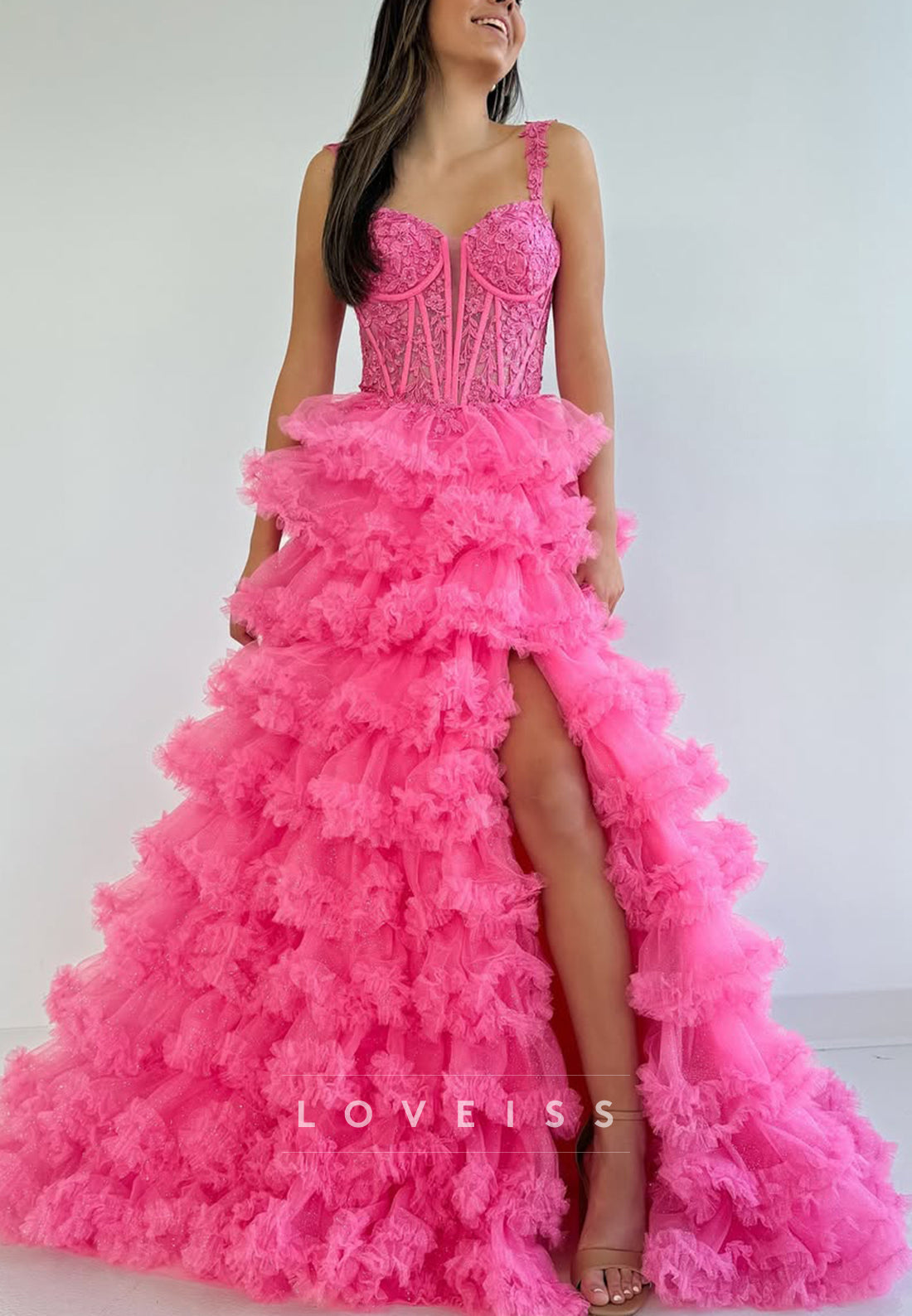 Sweetheart Straps Appliques Tiered Ball Gown Prom Dress