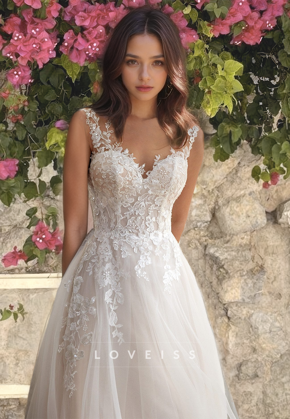 Sweetheart Straps Appliques Tulle A-Line Ball Gown Wedding Dress