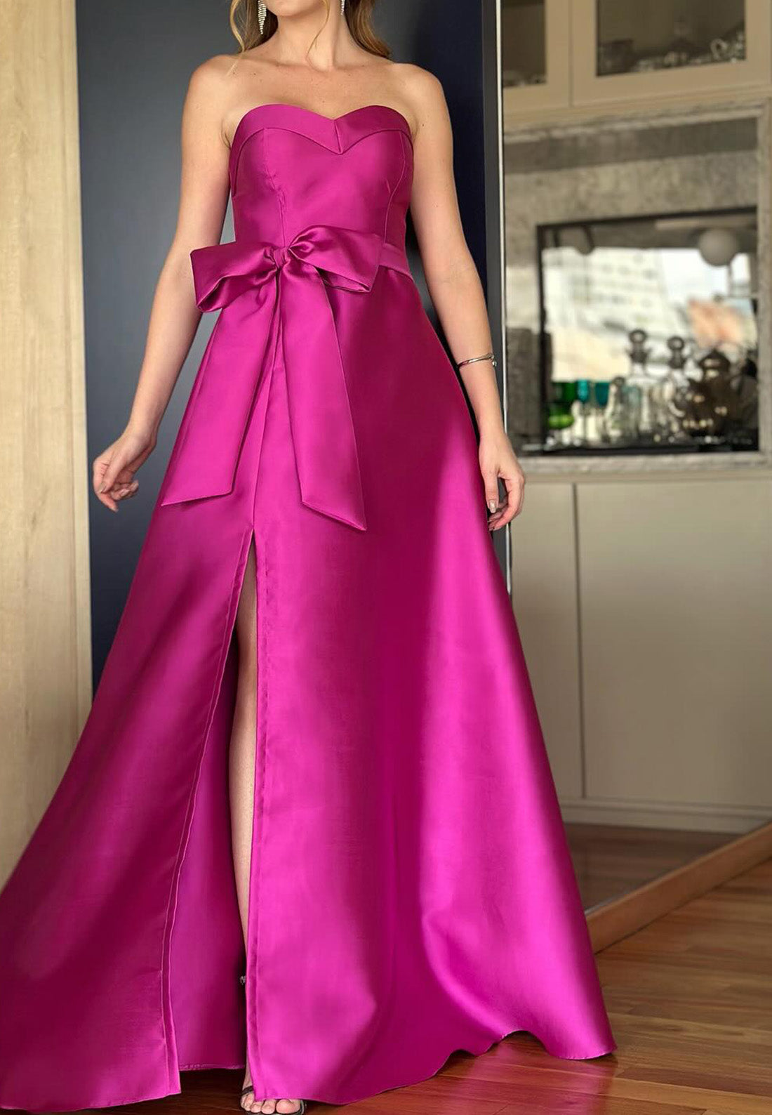 Sweetheart Straps Bowknot Side Slit Satin A-Line Mother of Bride Dress
