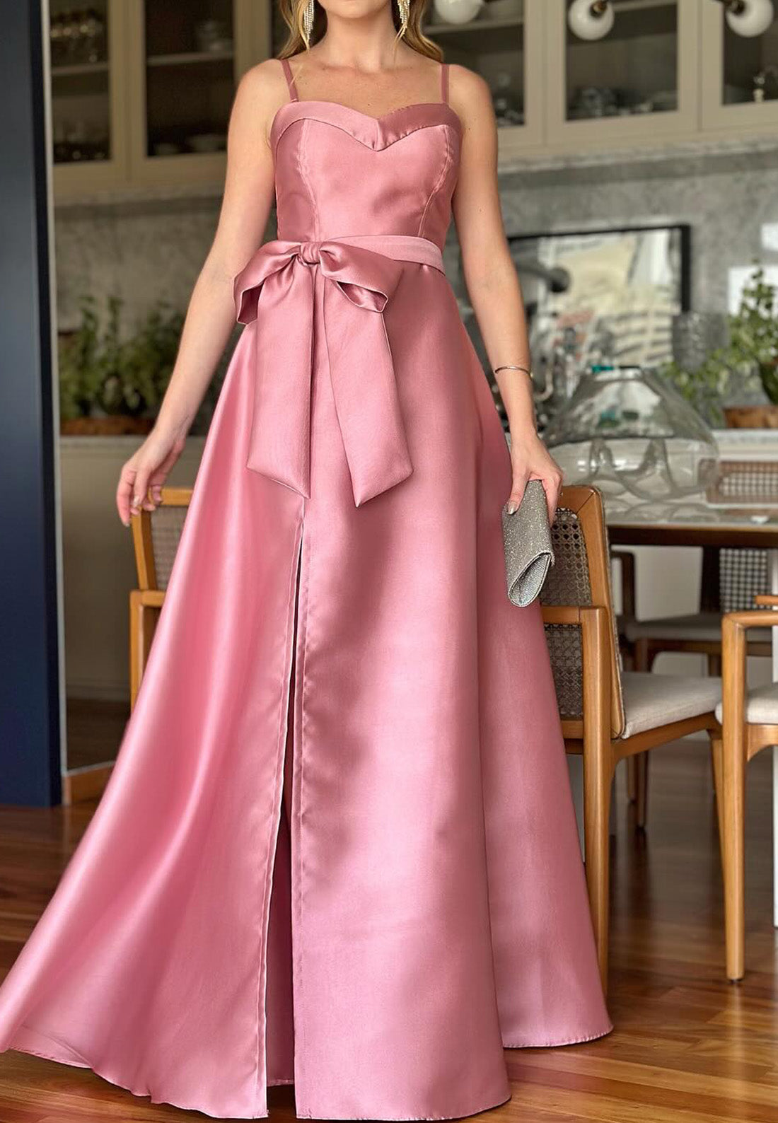 Sweetheart Straps Bowknot Side Slit Satin A-Line Mother of Bride Dress