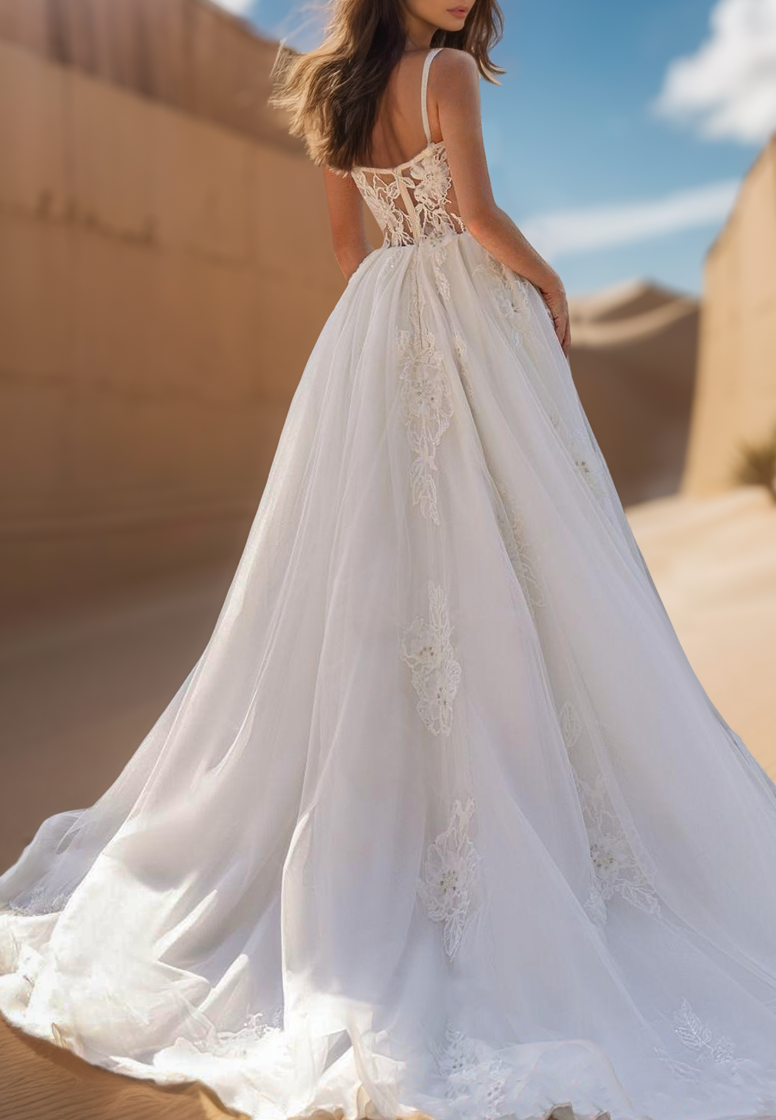 Sweetheart Straps Floral Appliques High Slit A-Line Wedding Dress