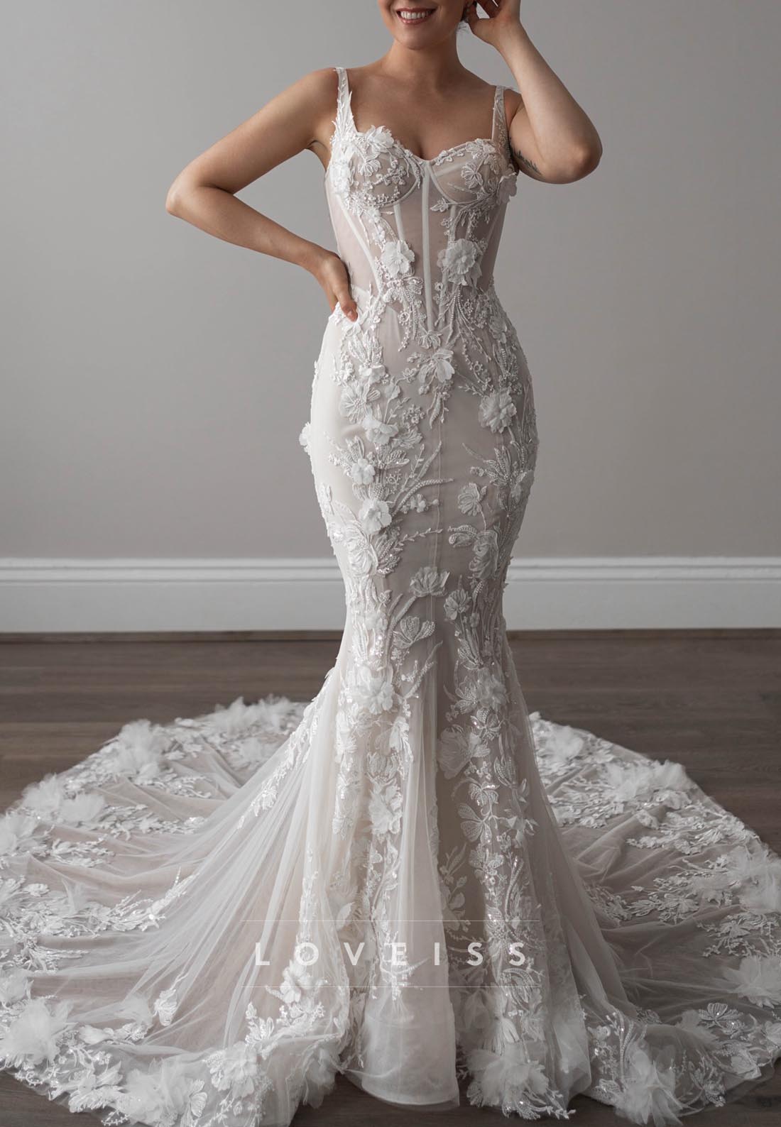 Sweetheart Straps Floral Appliques Mermaid Wedding Dress