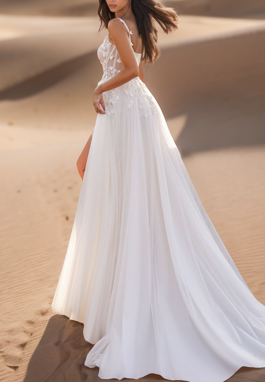 Sweetheart Straps Floral Appliques Side Slit A-Line Beach Wedding Dress