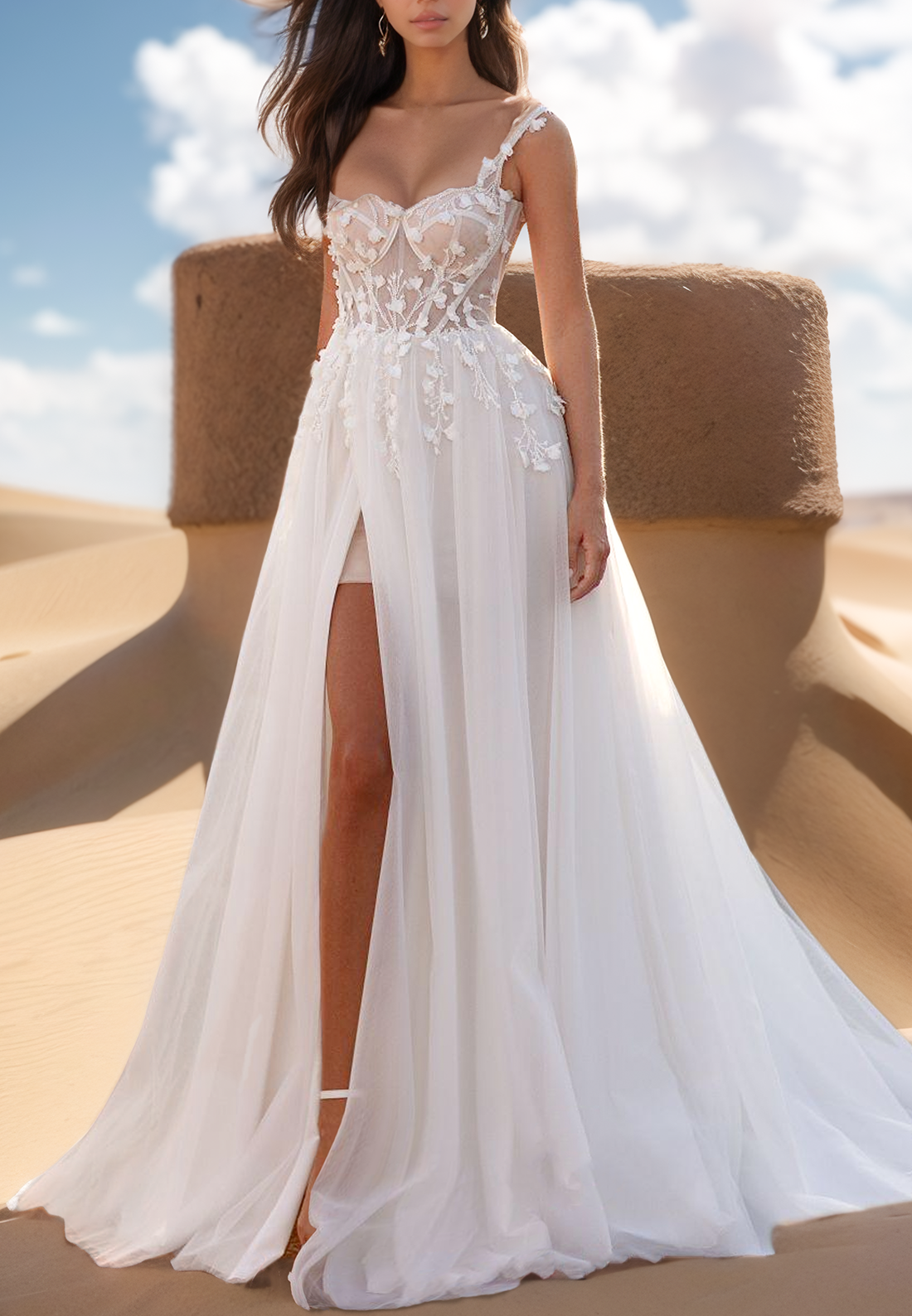 Sweetheart Straps Floral Appliques Side Slit A-Line Beach Wedding Dress