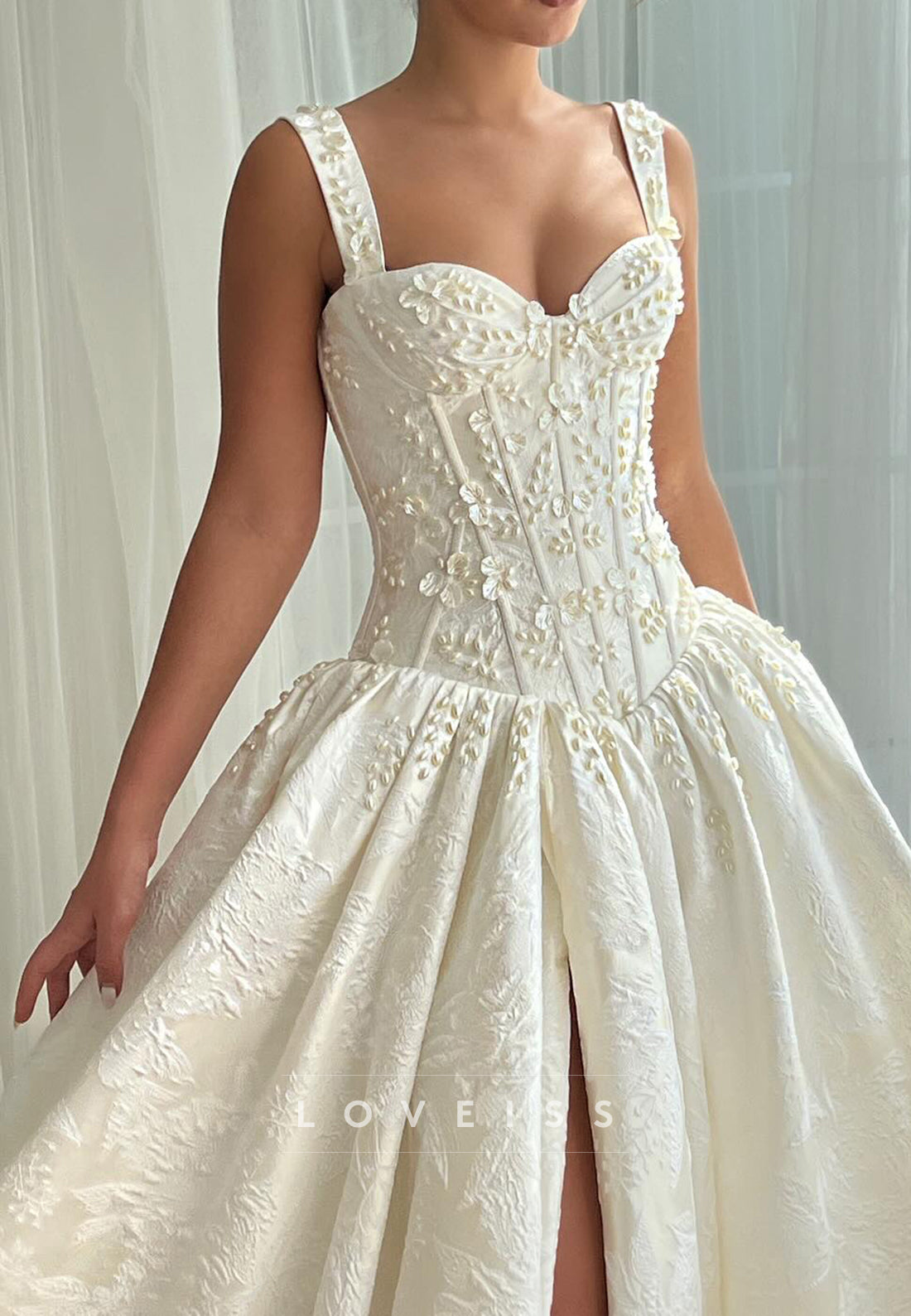 Sweetheart Straps Floral Printed Pearl Satin A-Line Wedding Dress