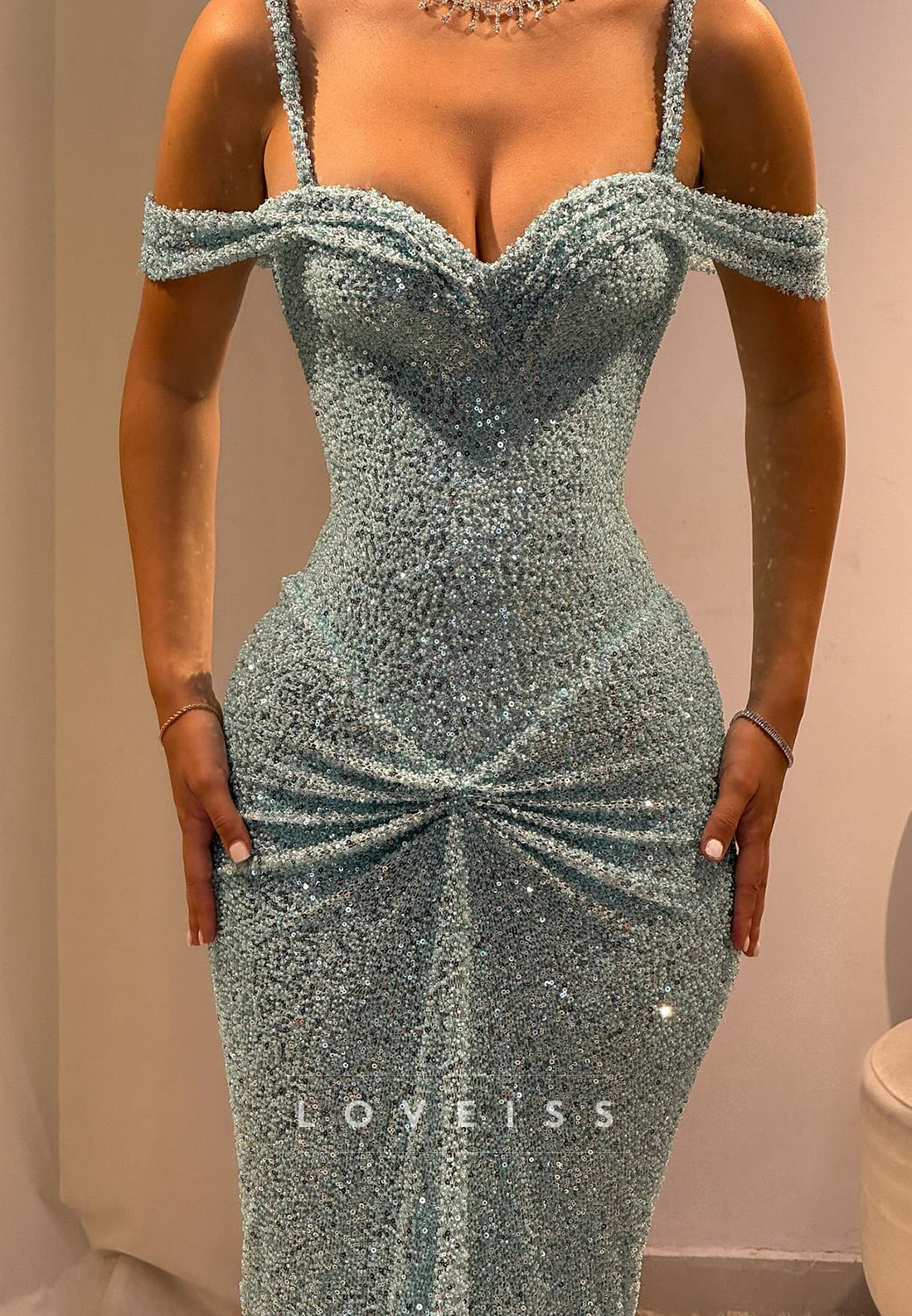 Sweetheart Straps Lace Sequins Sparkly Mermaid Prom Dress