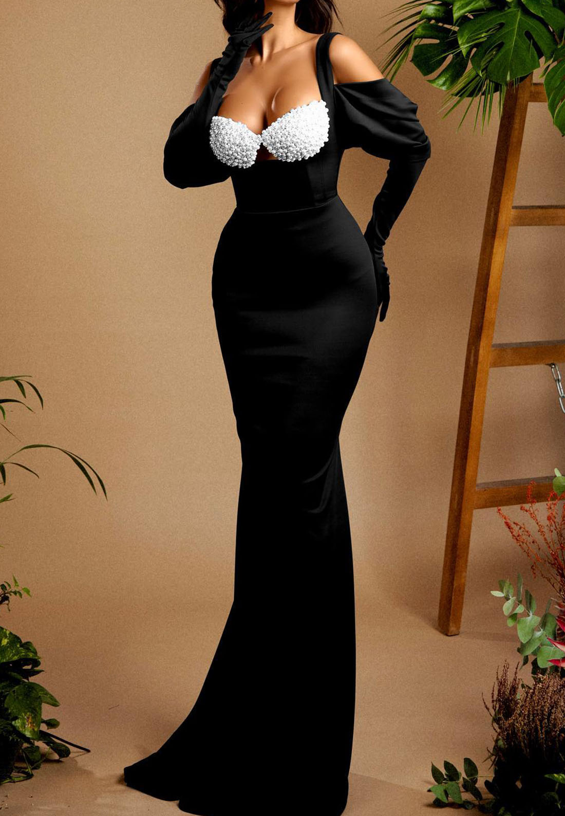 Sweetheart Straps Long Sleeves Beaded Mermaid Evening Dress