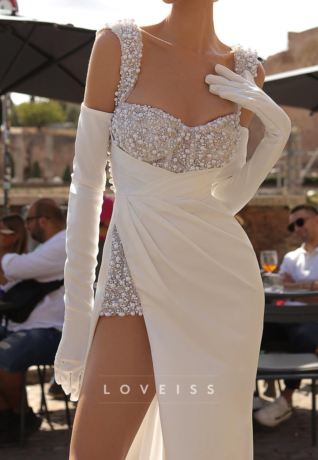 Sweetheart Straps Pearl Beaded Sheath Beach Wedding Dress