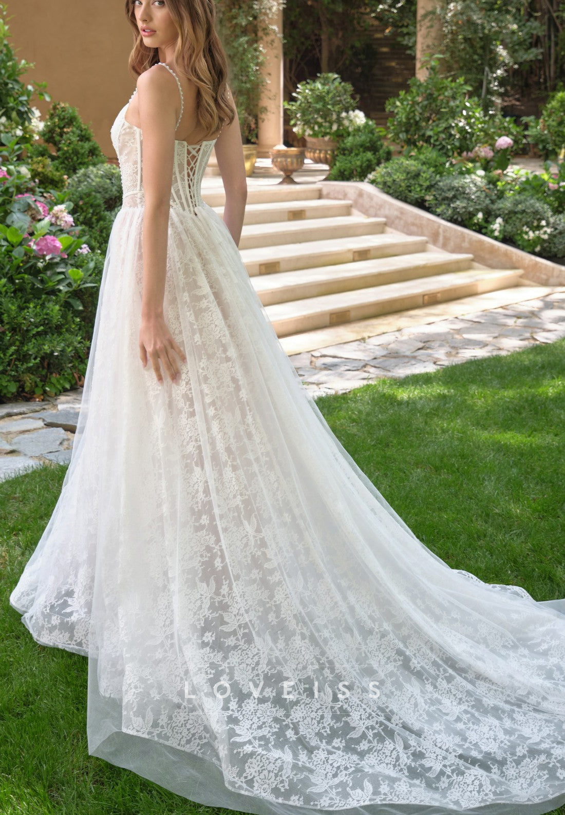 Sweetheart Straps Pearl Lace Appliques A-Line Wedding Dress