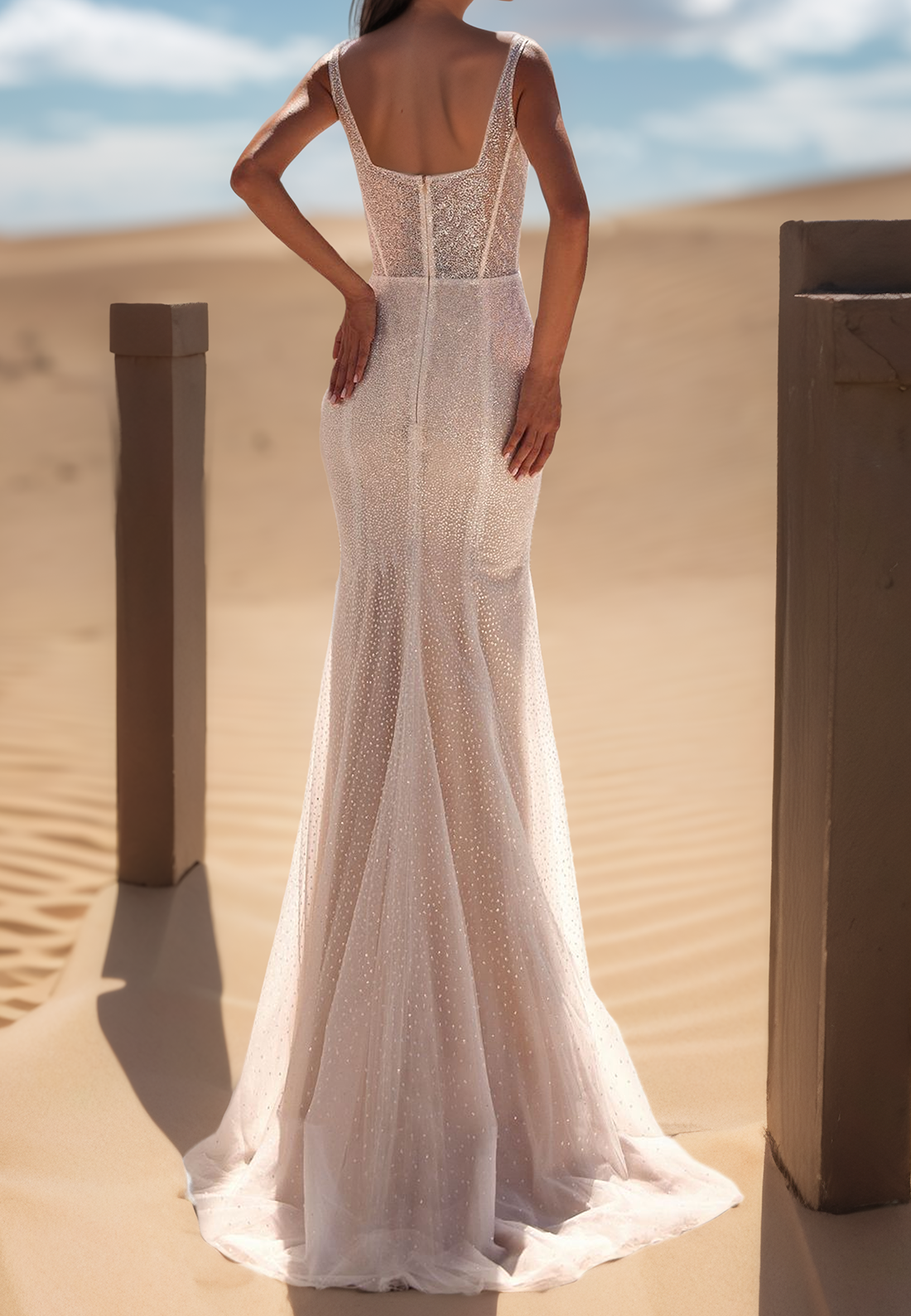 Sweetheart Straps Pleated Side Slit Sparkly Sheath Beach Wedding Dress