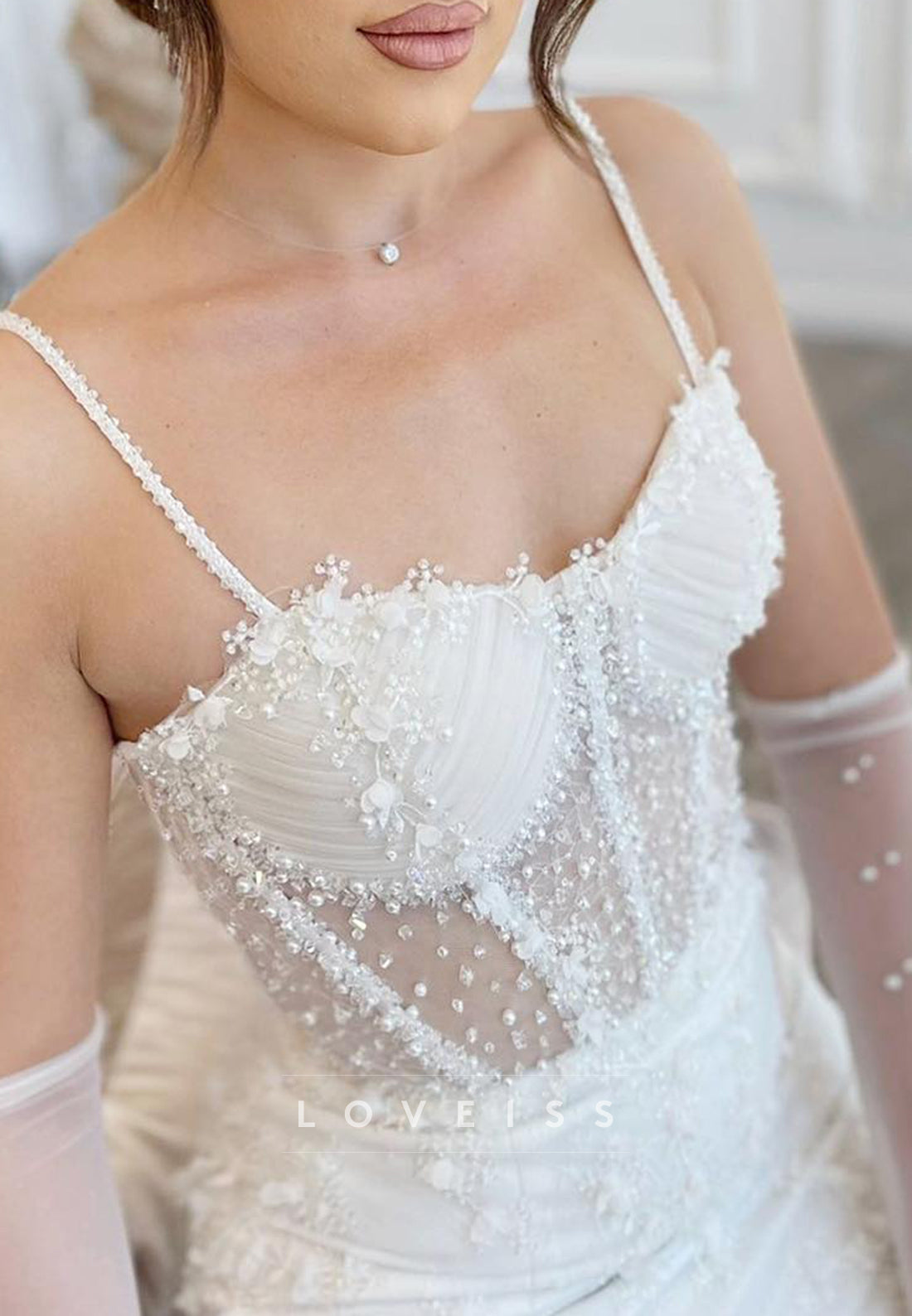 Sweetheart Straps Tulle Appliques Beaded Mermaid Wedding Dress