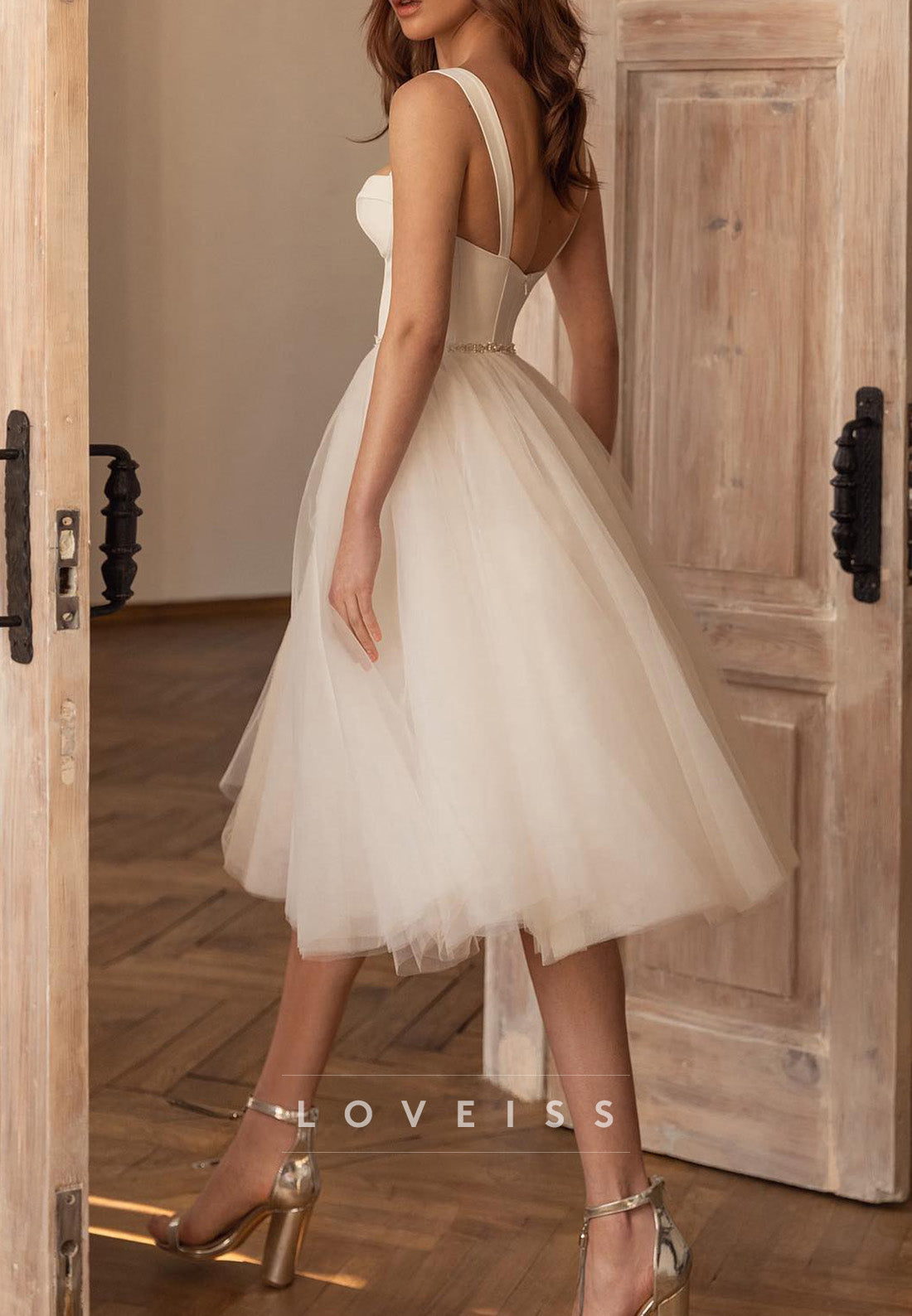 Sweetheart Straps Tulle Pleated A-Line Midi Wedding Dress