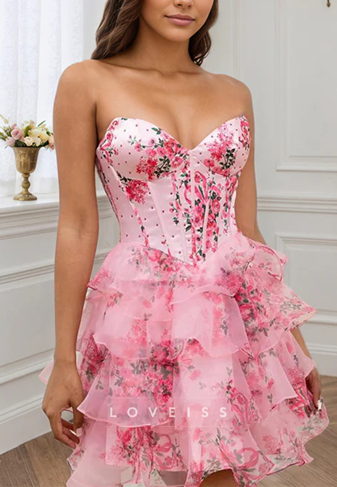 Sweetheart Tiered Floral Printed A-Line Homecoming Dress