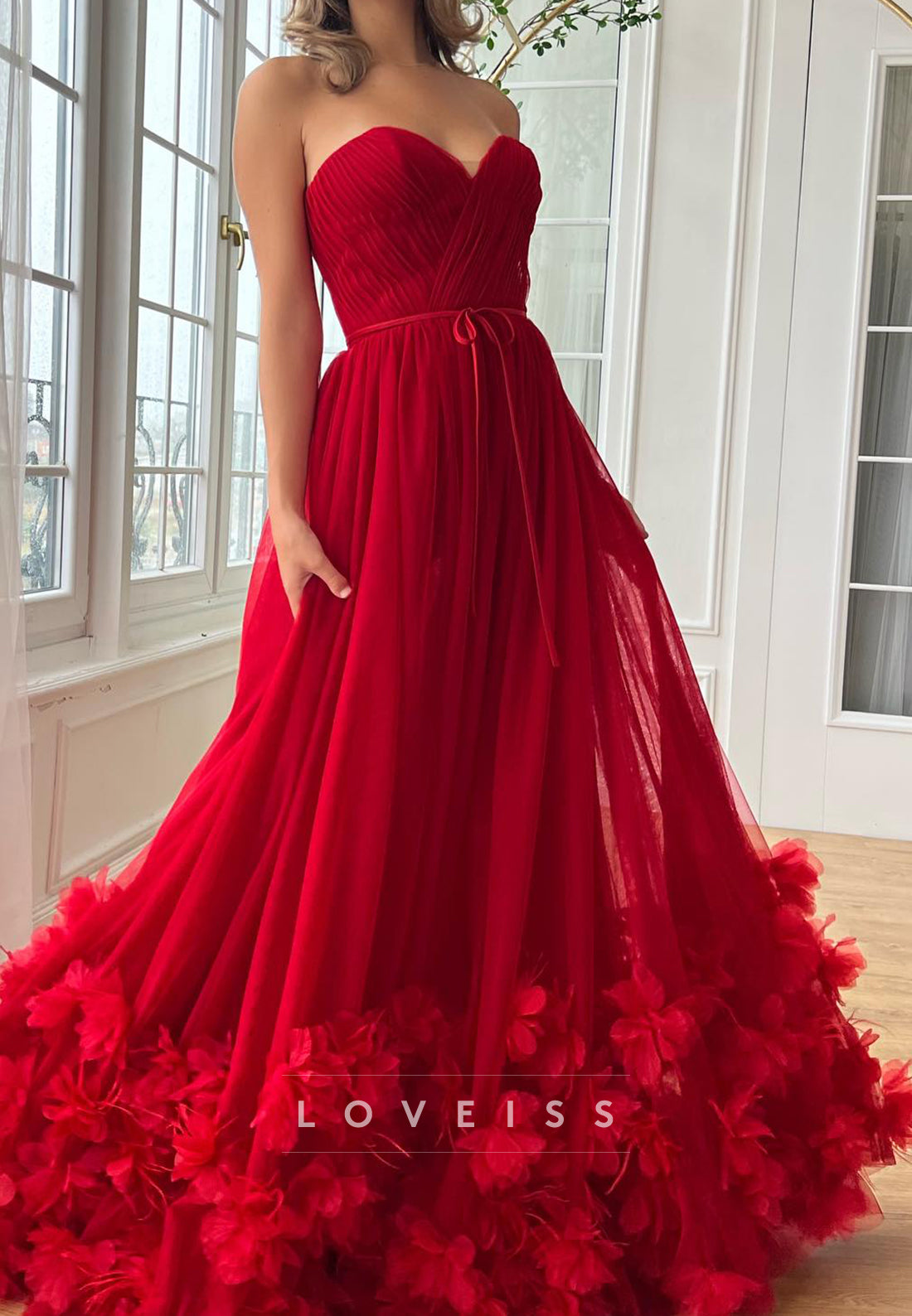 Sweetheart Tulle Floral Sleeveless Prom Dress A-Line Formal Dress