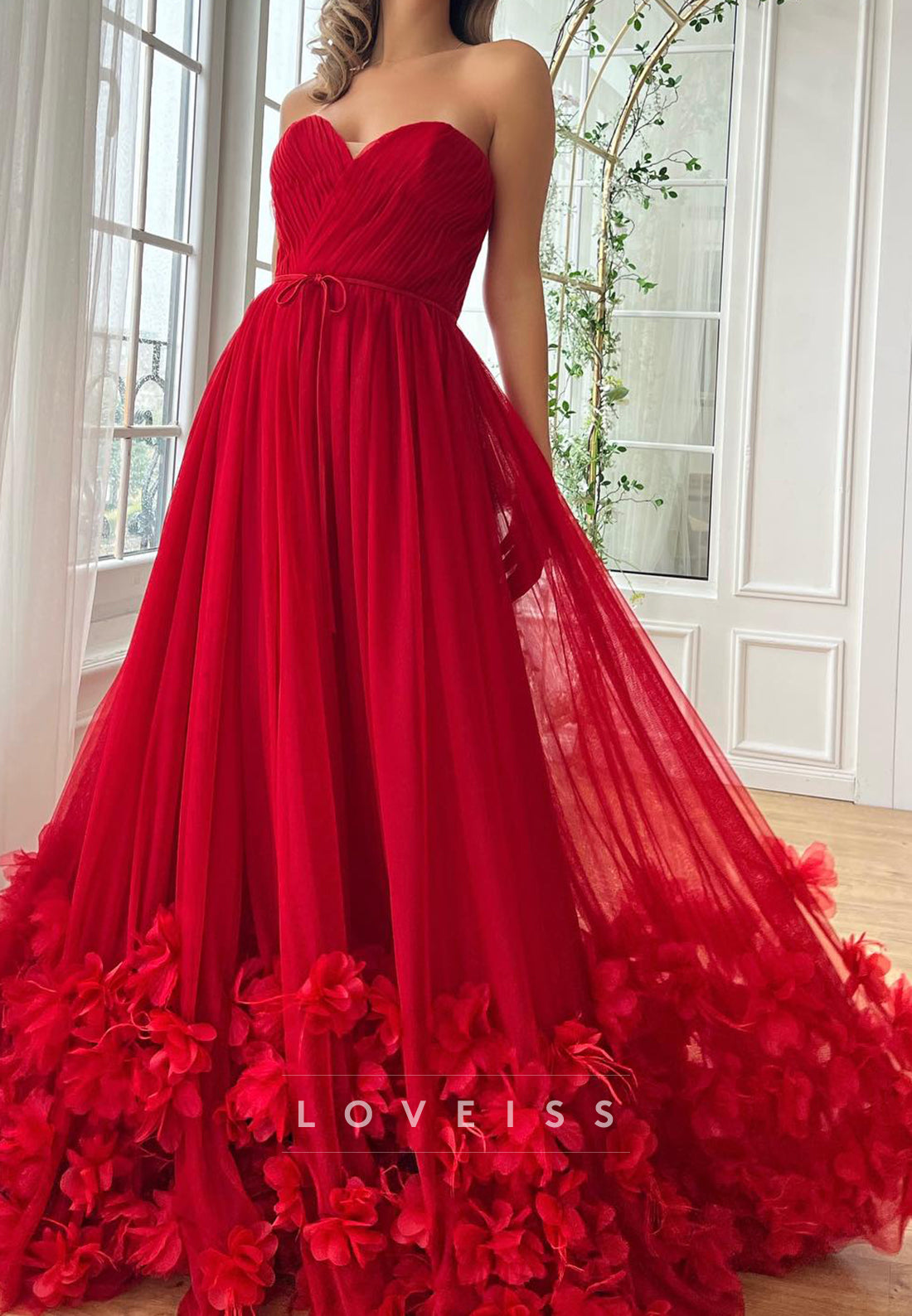 Sweetheart Tulle Floral Sleeveless Prom Dress A-Line Formal Dress