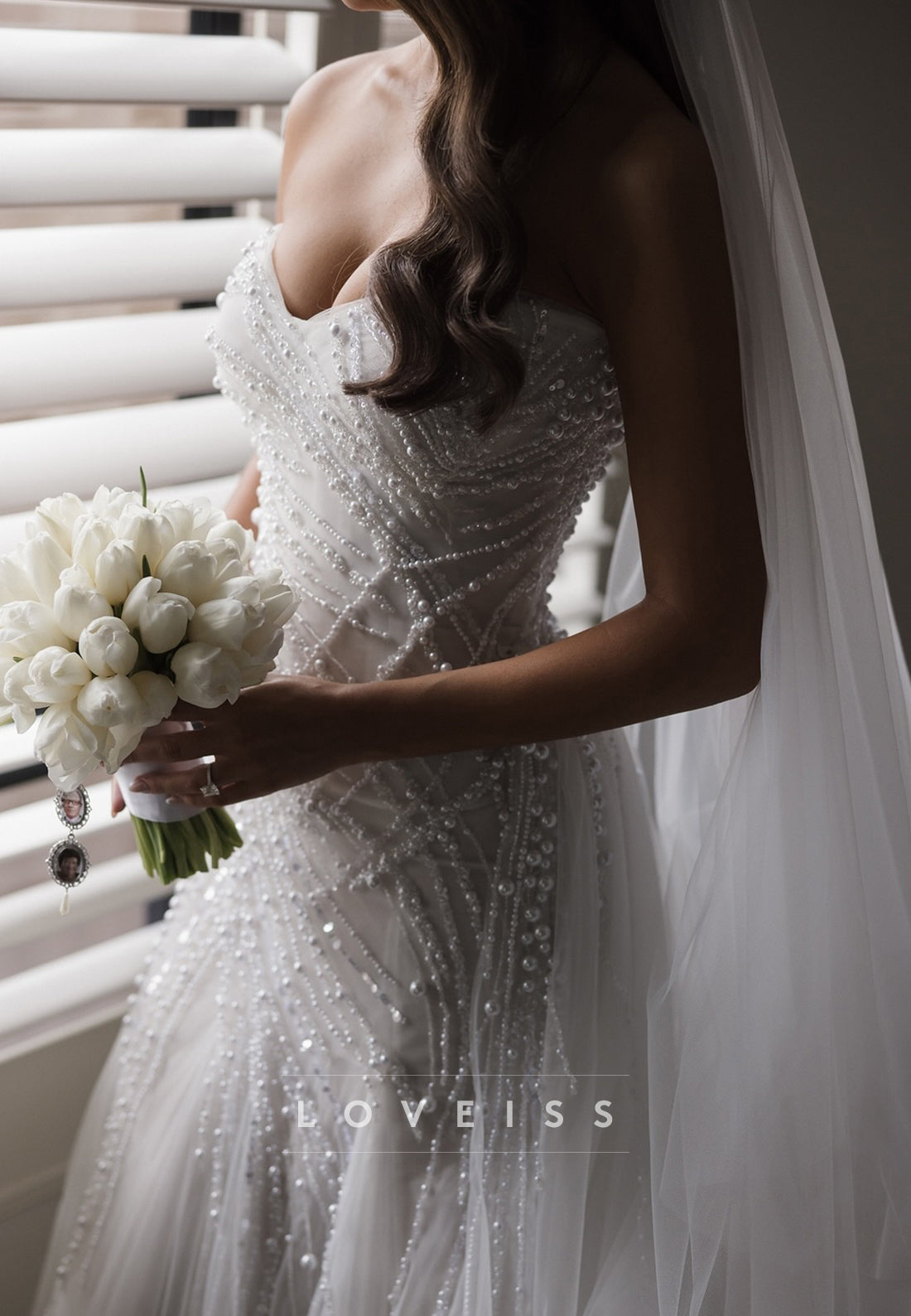 Sweetheart Tulle Pleated Pearl Mermaid Wedding Dress