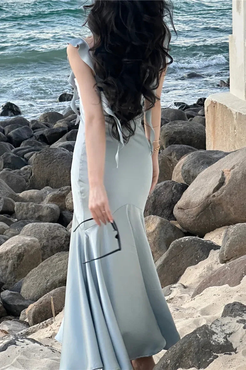 Trendy Mermaid Spaghetti Straps Light Pink Long Prom Dress with Ruffles