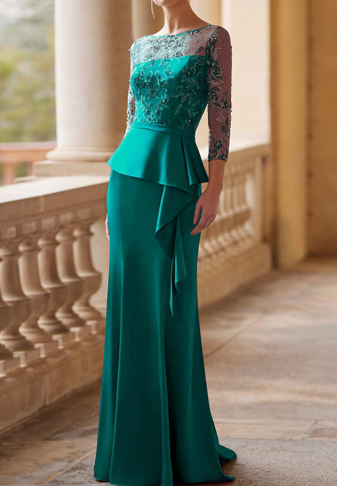 Scoop Long Sleeves Lace Appliques Ruffled Sheath Mother of Bride Dress