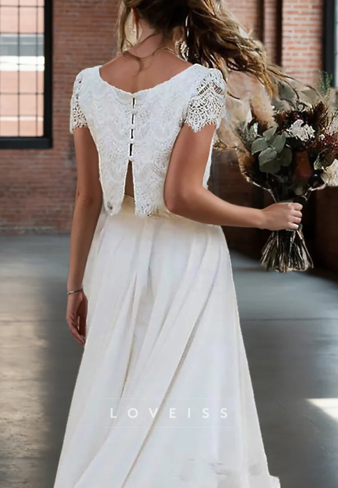 Two Pieces A-Line Princess Scoop Neck Short Sleeves Wedding Dress with Appliques