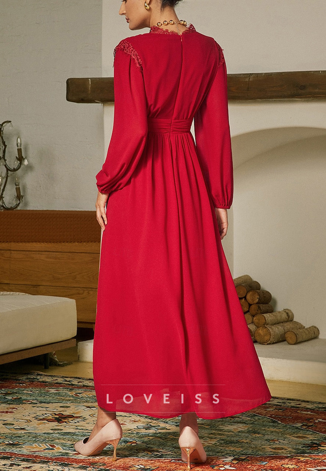 V-Neck Long Sleevees Pleated A-Line Mother of Bride Dress