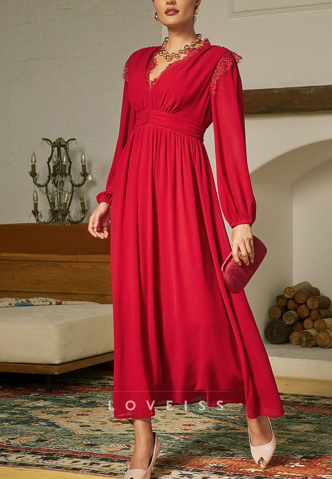 V-Neck Long Sleevees Pleated A-Line Mother of Bride Dress