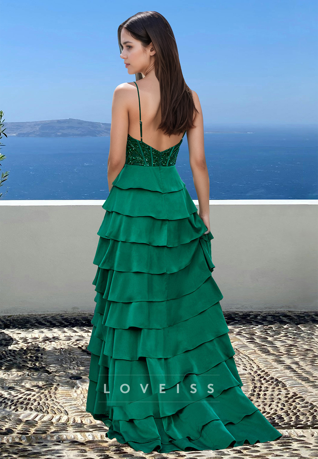 V--Neck Spaghetti Straps Appliques Tiered A-Line Prom Dress