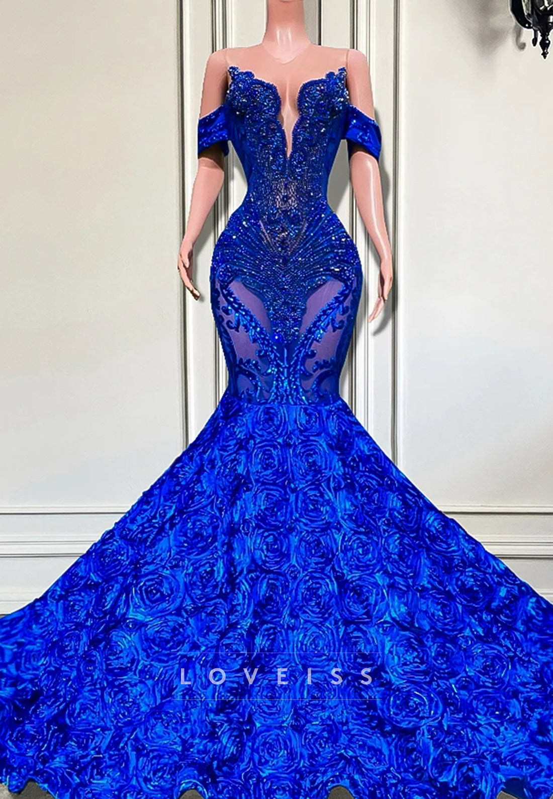 V-Neck Appliques Floral Pleated Mermaid Prom Dress for Black Girls