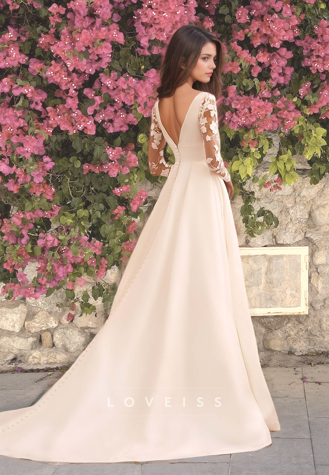 V-Neck Appliques Long Sleeves Pleated A-Line Satin Wedding Dress