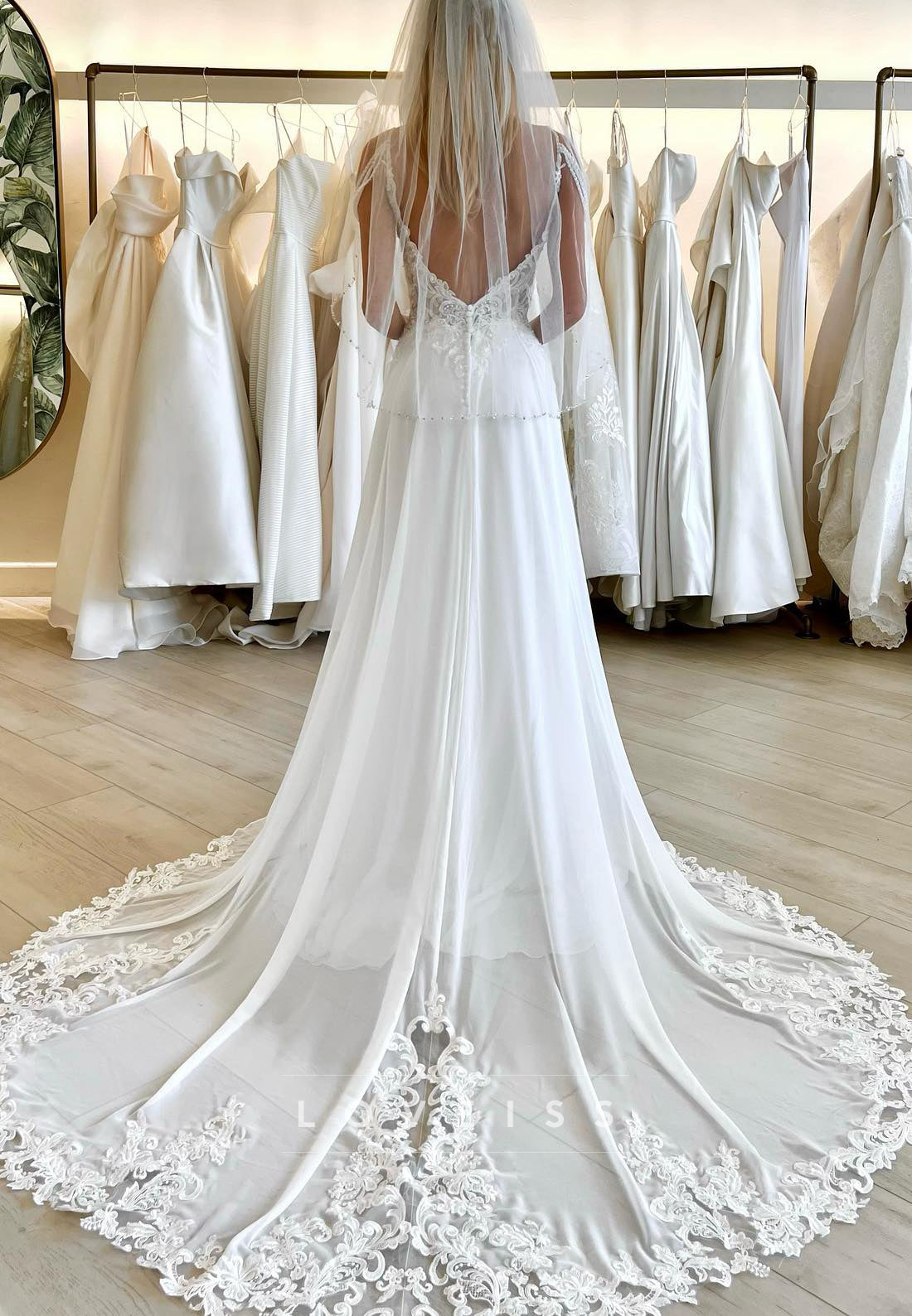 V-Neck Appliques Side Slit A-Line Beach Wedding Dress