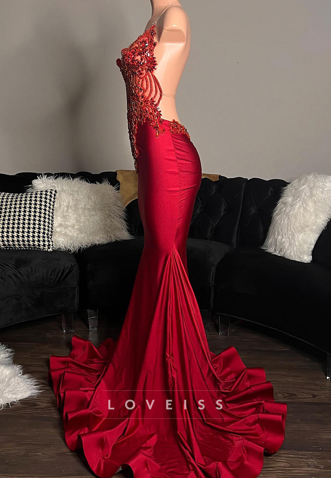 V-Neck Backless Appliques Beaded Mermaid Prom Dress for Black Girls