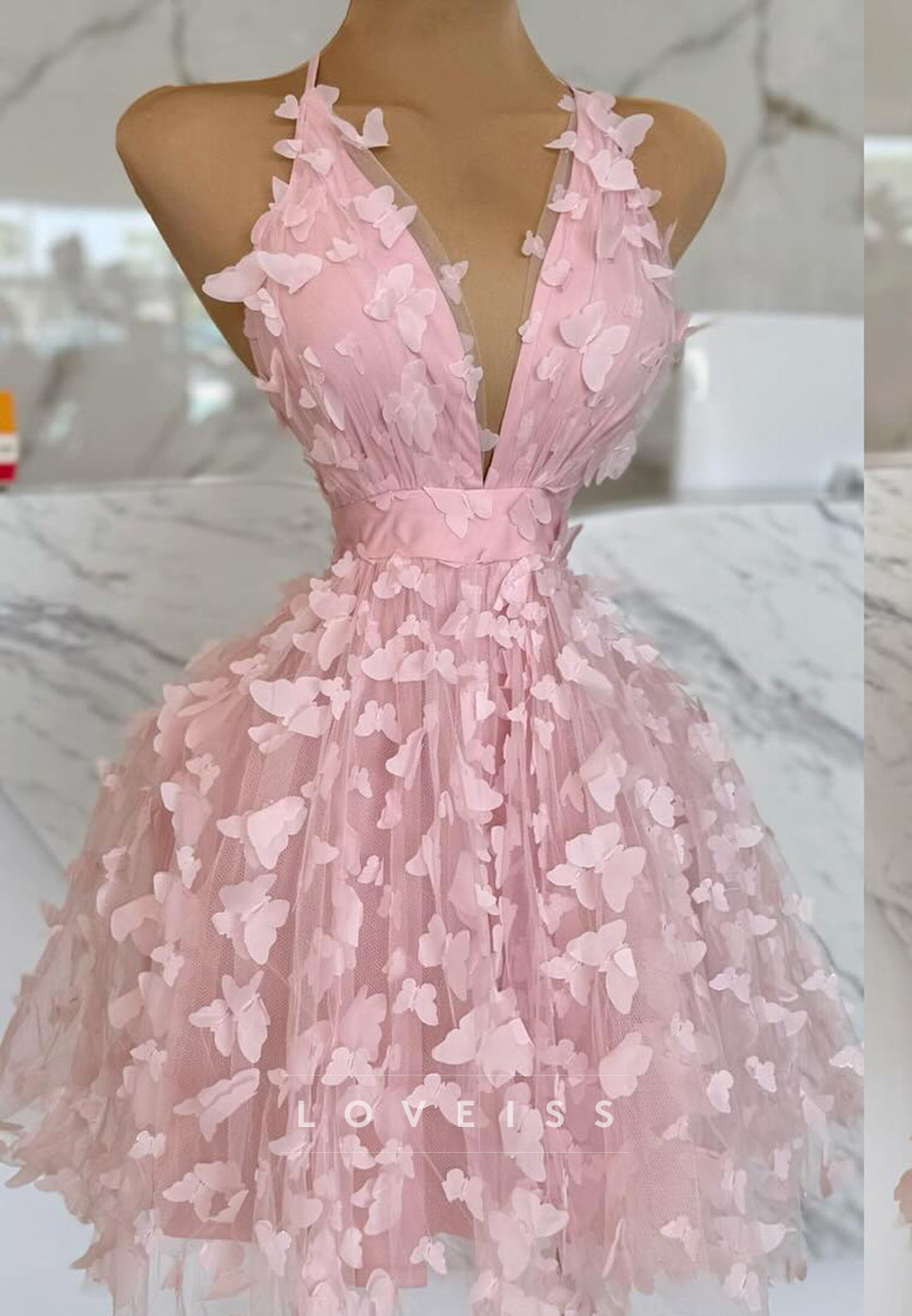 V-Neck Backless Floral Embellished A-Line Party Homecoming Dress