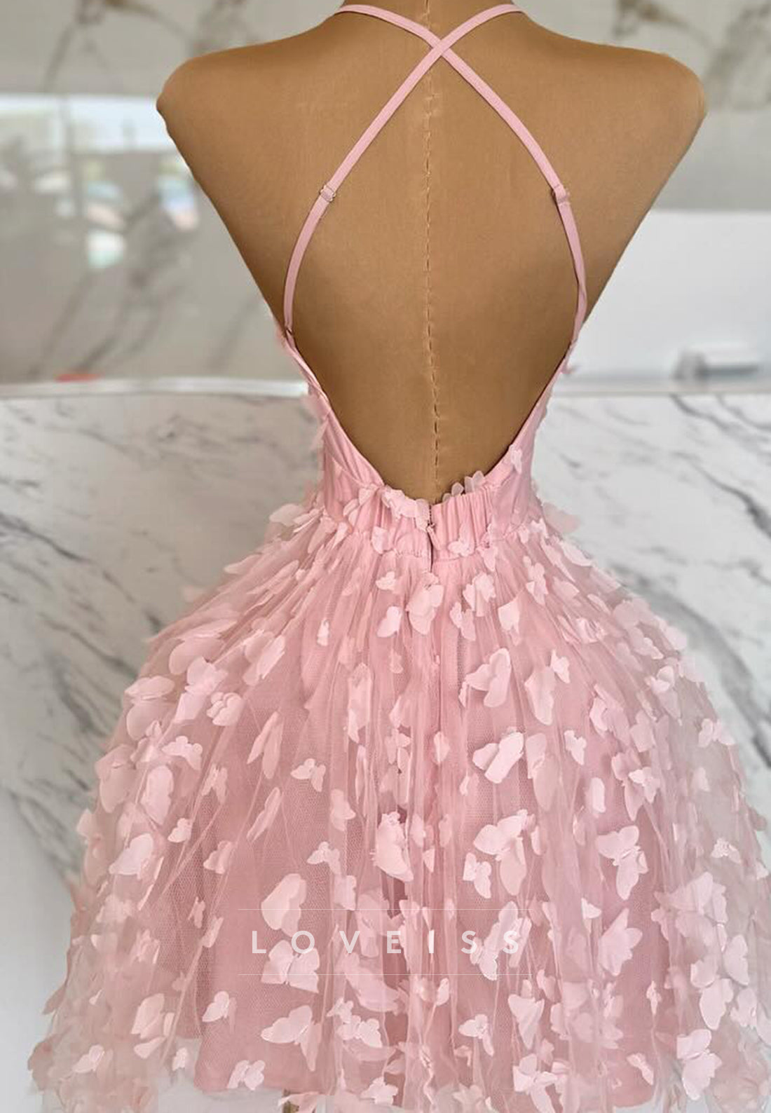 V-Neck Backless Floral Embellished A-Line Party Homecoming Dress
