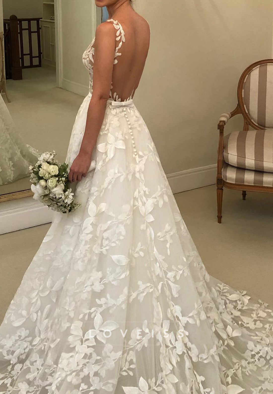 V-Neck Backless Lace Appliques Ball Gown Wedding Dress