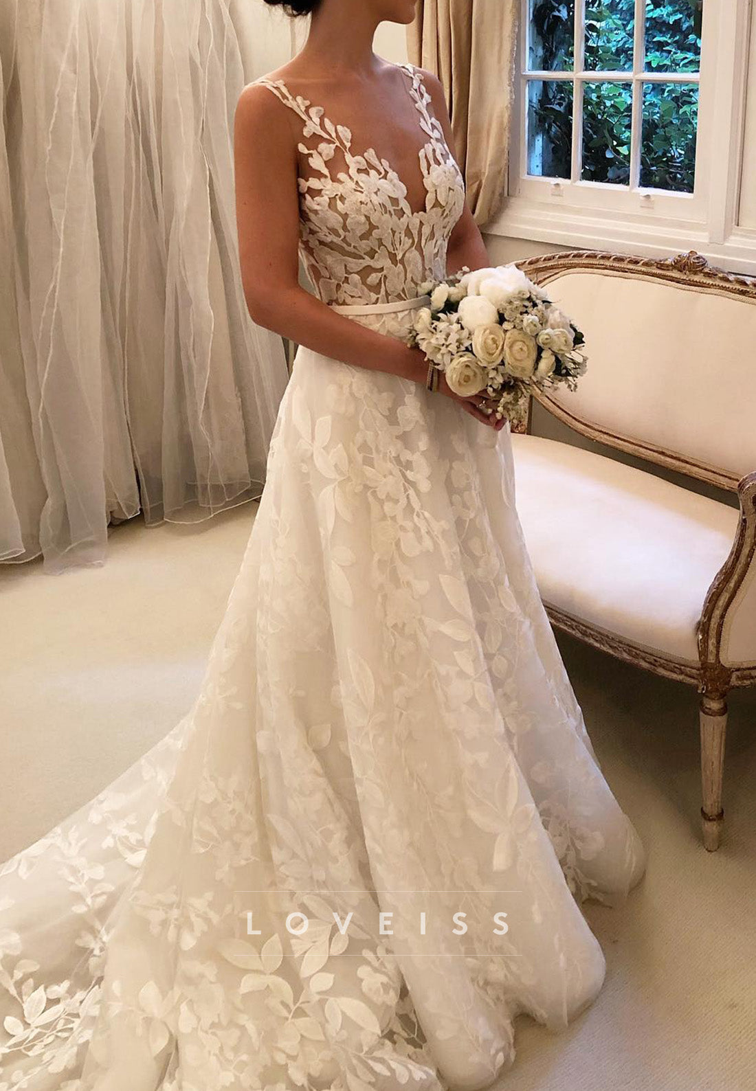 V-Neck Backless Lace Appliques Ball Gown Wedding Dress