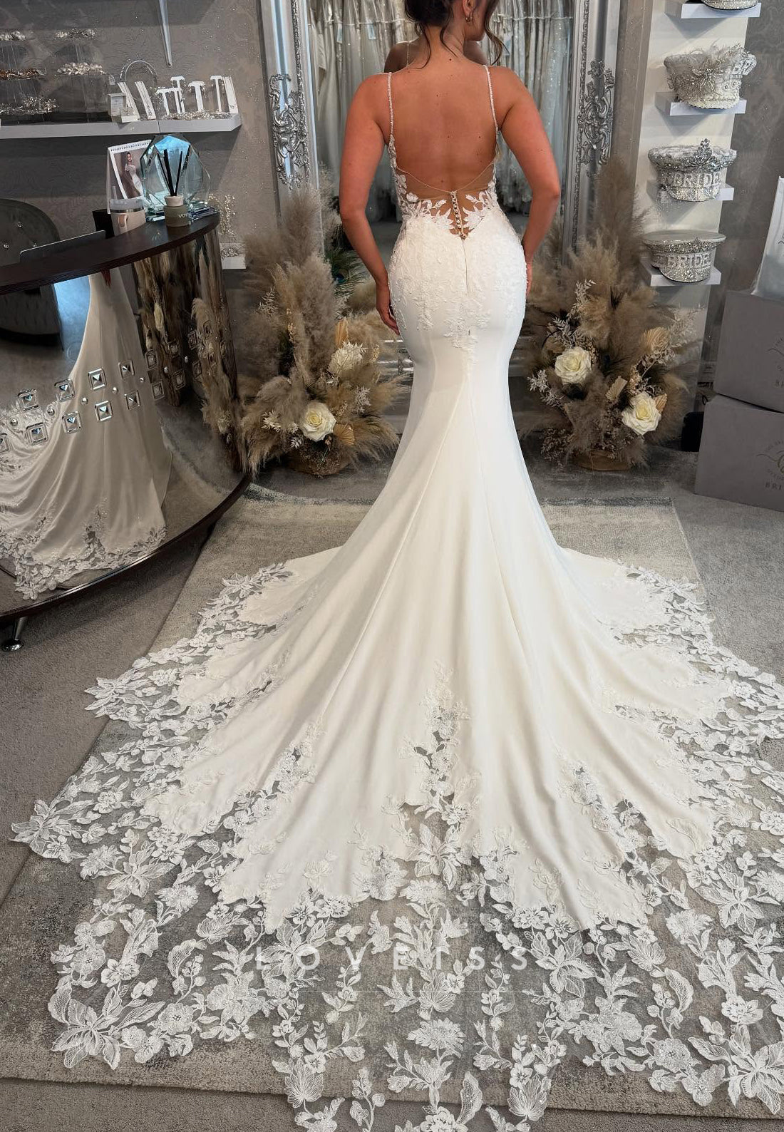 V-Neck Backless Lace Appliques Spaghetti Straps Mermaid Wedding Dress