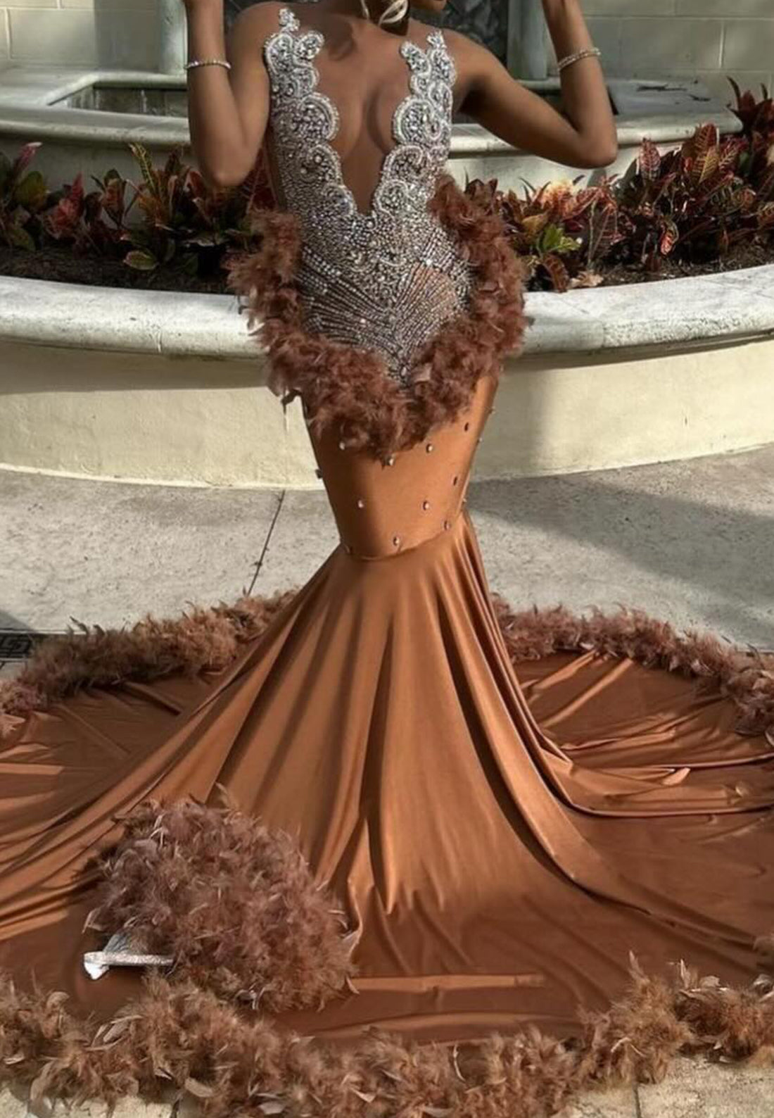 V-Neck Beaded Feathered Pleated Mermaid Prom Dress for Black Girls